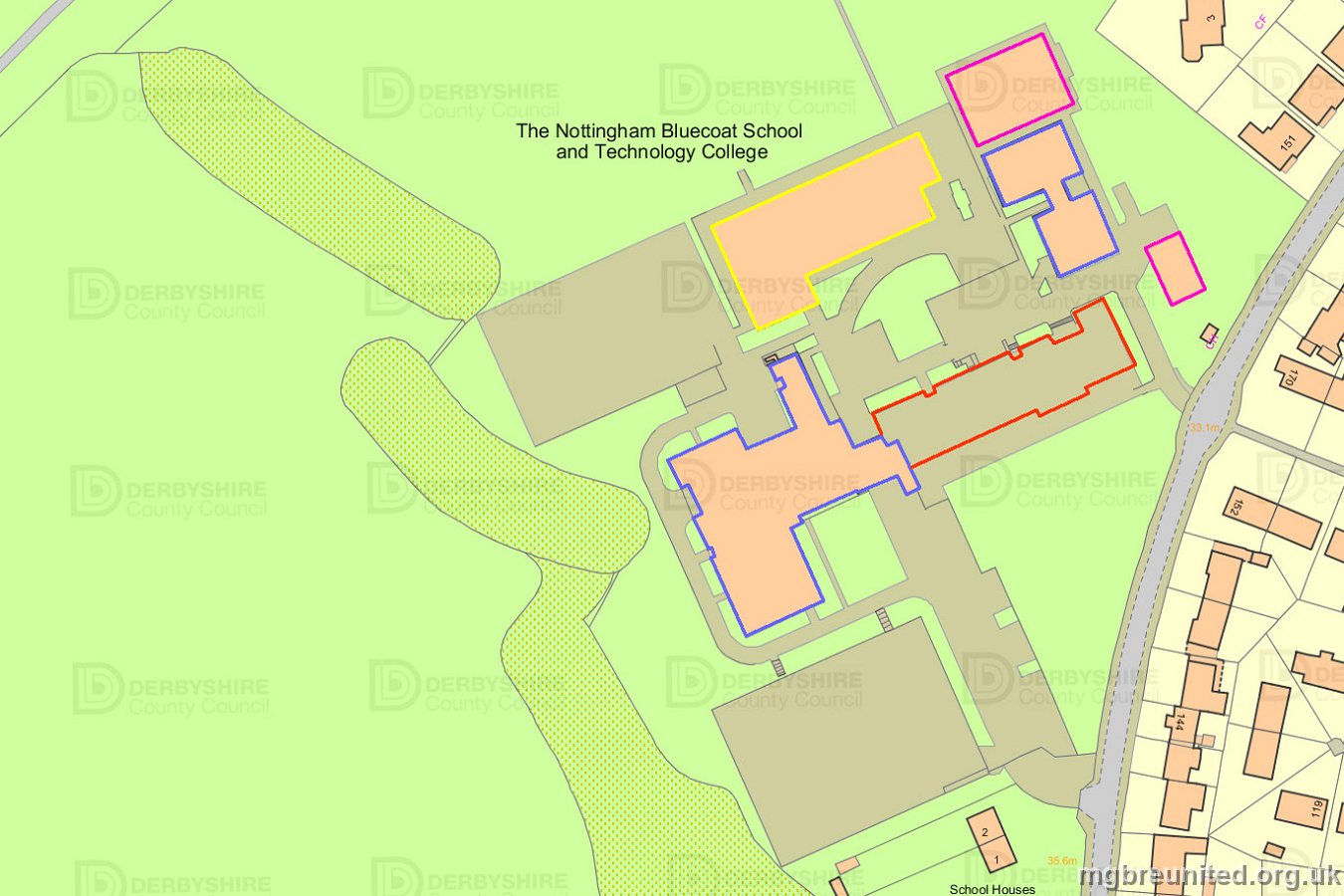 Map 2020 Bluecoat School with Margaret Glen-Bott) superimposed Map shows the various stages of building development: KEY: RED = MGB demolished BLUE = MGB Retained and probably reclad. PURPLE = MGB or BLUECOAT built sometime after the 1960s YELLOW = BLUECOAT c. 2015 Old 1950s 1960's Margaret Glen-Bott = BLUE and RED