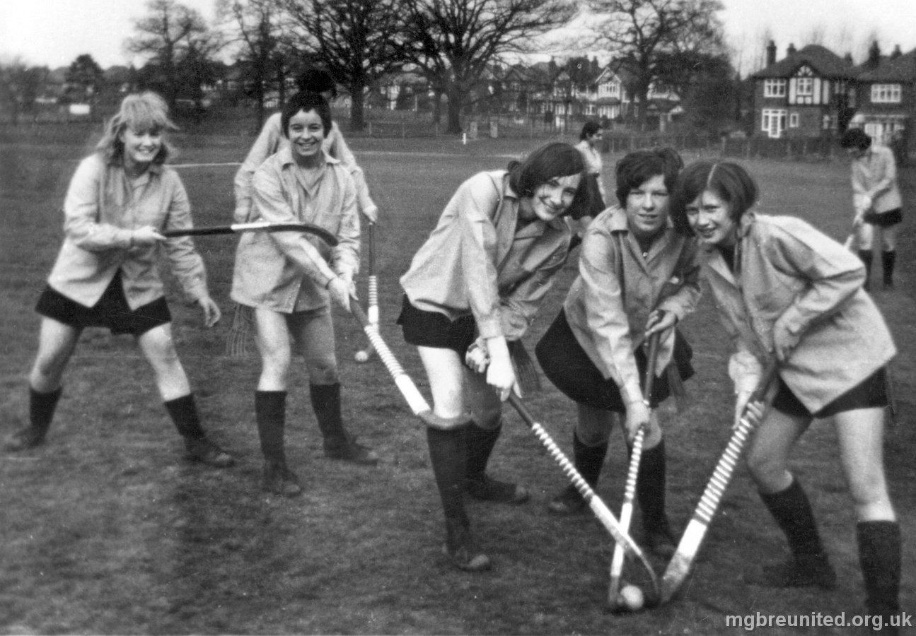 1968 ? Hockey Practise on the School Field BACKGROUND (L to R): Girl obscured, Balbir Chelley, Pam McClure (far right) FOREGROUND: 1 Julie Warrener (now Wright), 2 Cathy Rick, then 3 Jane Radford, 4 dk, 5 Barbara Green or Vicky Collins?.