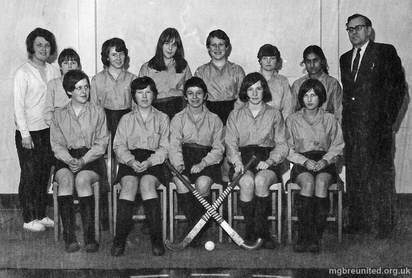 1968 ? The Hockey Team BACK ROW: 1 Miss Turley 3 Pamela McClure, 5 Jennifer Gibson? 7 Balbir Chelley, 8 Mr Peake FRONT ROW: