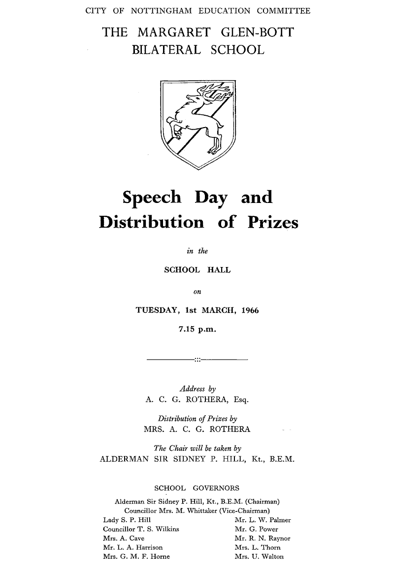 Margaret Glen-Bott Speech Day Programme 1966 page 1